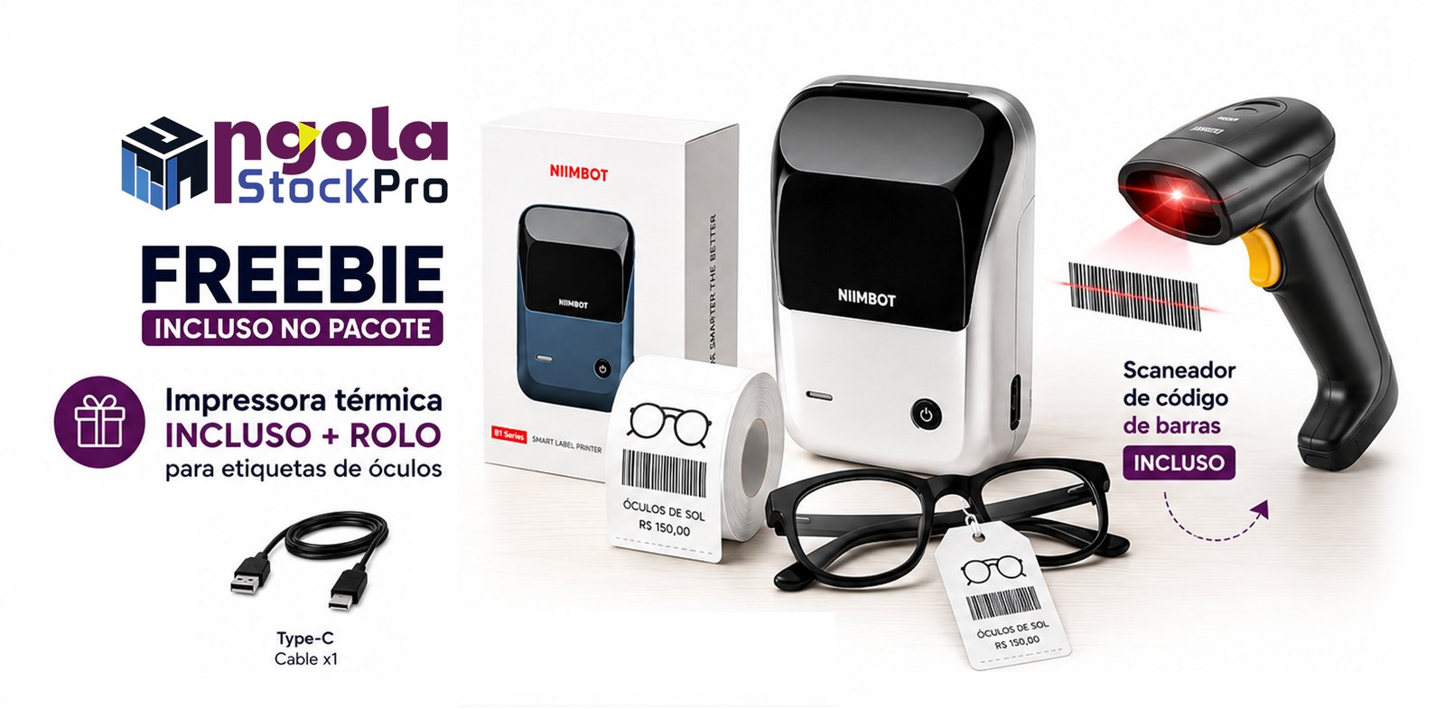 Brinde incluído: impressora térmica de etiquetas, rolo para etiquetas de óculos, scanner de código de barras e cabo Type-C